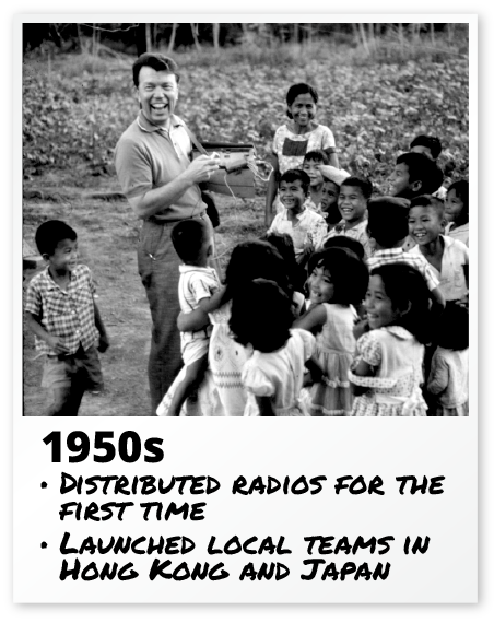 1950s — Distributed radios; launched teams in Hong Kong and Japan